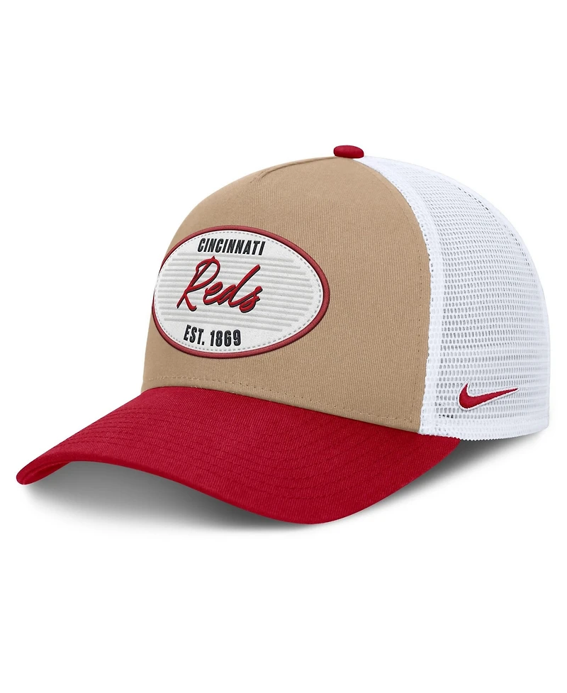 Men's Nike Khaki/Red Cincinnati Reds Rise A-Frame Trucker Adjustable Hat
