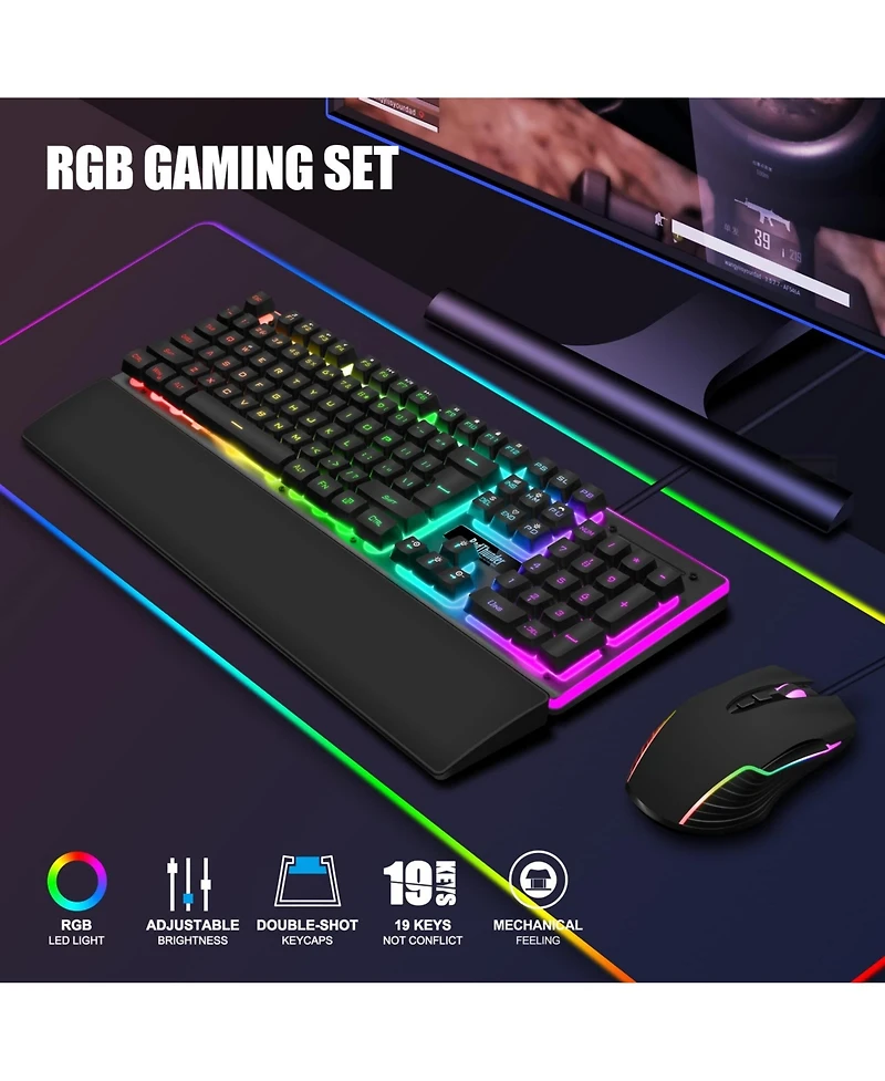 Lofree Wired Gaming Keyboard Mouse Combo Rgb Backlit 7200 Dpi Anti Ghosting Soft Wrist Rest