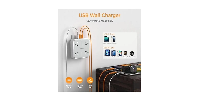 Tessan Wall Outlet Extender with 4 Outlet, 2 Usb C, 22V for Home, Office and Travel