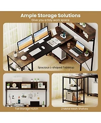 Sugift 62-Inch L-Shaped Computer Desk with Power Outlets and Storage Hutch