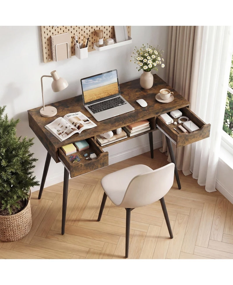 Sugift 42.5-Inch Mid-Century Writing Desk with Metal Legs and Drawers