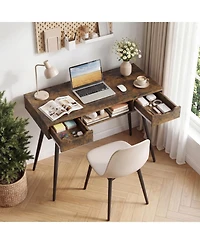 Sugift 42.5-Inch Mid-Century Writing Desk with Metal Legs and Drawers