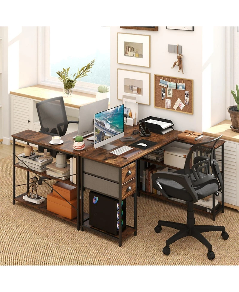 Sugift L-Shaped Corner Computer Desk with Charging Station and 2 Fabric Drawers