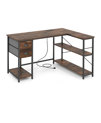 Sugift L-Shaped Corner Computer Desk with Charging Station and 2 Fabric Drawers