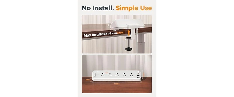 Tessan PS06 Surge Protector Desk Clamp 10-Foot Power Strip with 5 Outlets and 2 Usb-c Ports for phones, tablets and personal devices