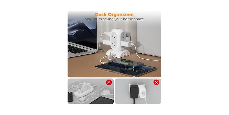 Tessan Flat Plug Power Strip with Usb-c Charging, 10 Feet, 8 Outlets for Phones, Tablets and Other Personal Devices