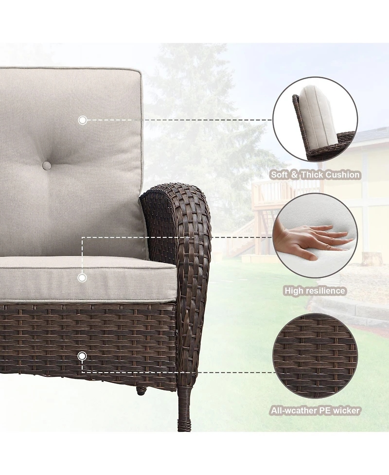 Bellefurn 7-Piece Outdoor Wicker Nighttime Conversation Set for Family Gatherings and Cozy Backyard Nights with Sofa, Rocking Chairs Ottomans