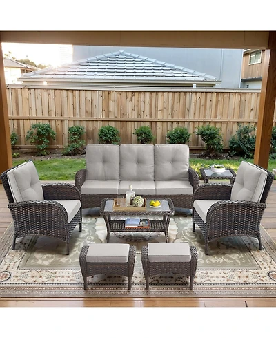 Bellefurn 7-Piece Outdoor Wicker Patio Family Gatherings Conversation Set with 3-Seater Sofa, Arm Chairs and Ottomans