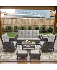 Bellefurn 7-Piece Outdoor Wicker Patio Family Gatherings Conversation Set with 3-Seater Sofa, Arm Chairs and Ottomans