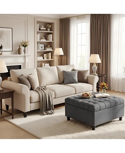 35in Square Storage Ottoman Bench with Flip-Up Seat, Linen Fabric Upholstered Bed Bench with Hidden Storage, Rubberwood Legs, Gray