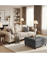 35in Square Storage Ottoman Bench with Flip-Up Seat, Linen Fabric Upholstered Bed Bench with Hidden Storage, Rubberwood Legs, Gray