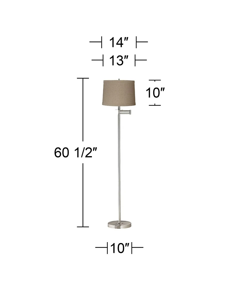 360 Lighting Modern Floor Lamp Swing Arm 60.5" Tall Brushed Nickel Natural Linen Drum Shade for Living Room Reading Bedroom Office