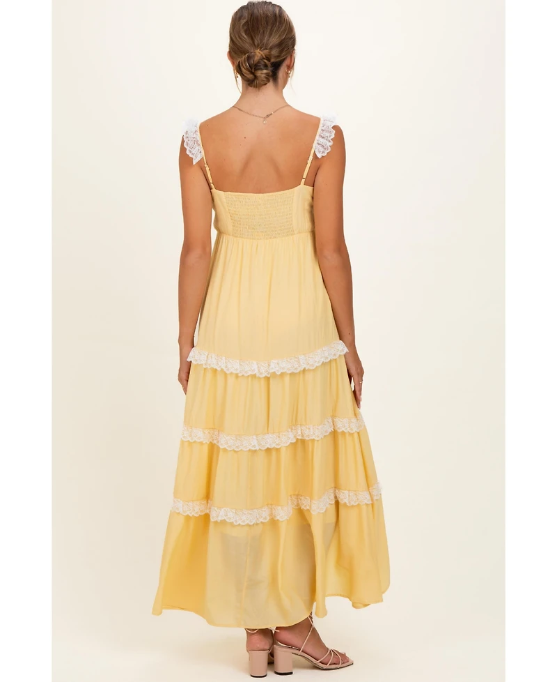 Pinkblush Women's Yellow Lace Trim Tiered Maxi Dress