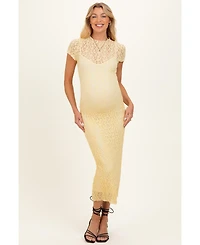 Pinkblush Women's Yellow Sheer Lace Overlay Short Sleeve Midi Dress
