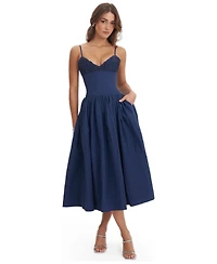Miss Circle Women's Ailani Navy Taffeta Smocked Midi Dress