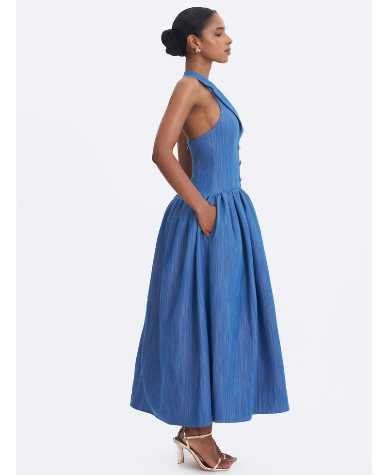 Miss Circle Women's Xyan Navy Denim Lapel Halter A-Line Midi Dress