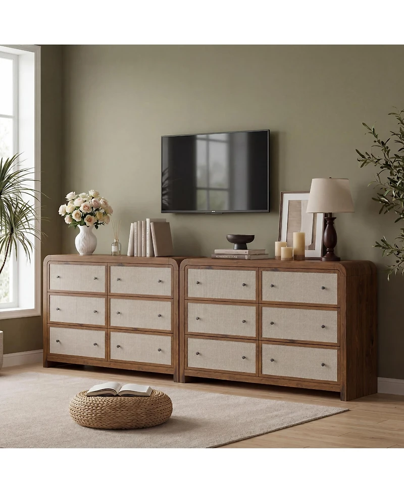 6 Drawer Bedroom Dresser, 49" Wide Modern Chest with Linen Drawer Fronts, Anti-Tip Kit, Sturdy Stable Storage Organizer for Living Room, Entryway
