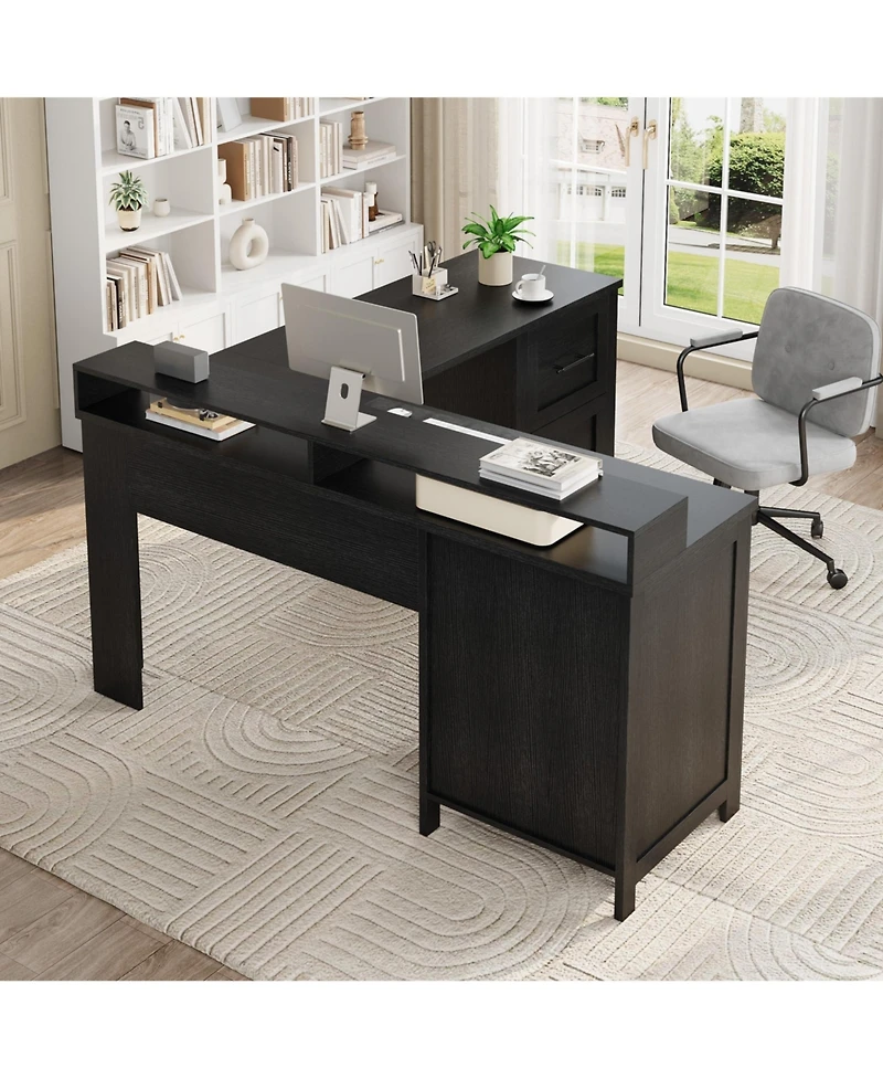 L-Shaped Executive Desk, 63" Corner Computer Desk with 4 File Drawers, Monitor Stand, Built-in Power Outlets, Workspace Organization