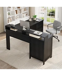 L-Shaped Executive Desk, 63" Corner Computer Desk with 4 File Drawers, Monitor Stand, Built-in Power Outlets, Workspace Organization