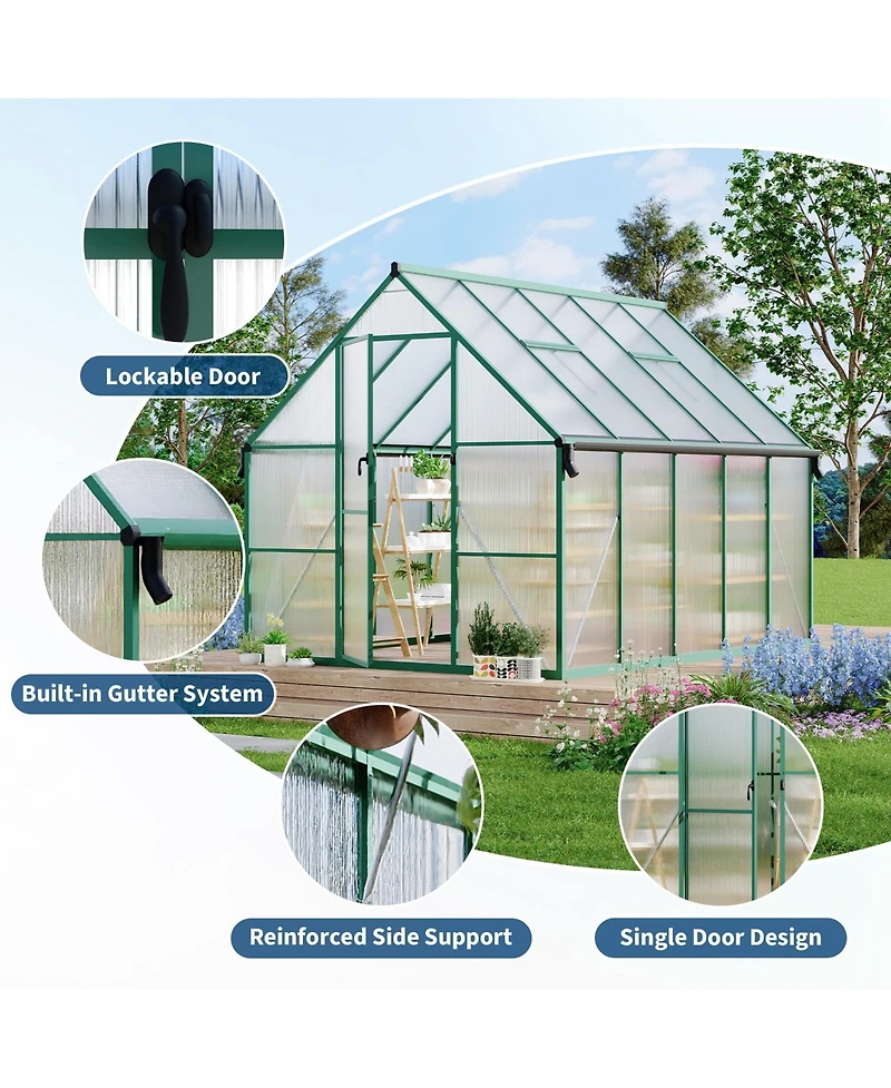 8 x 10 Ft Walk-in Greenhouse with Aluminum Frame and Pc Panels, Outdoor Sun Room for Garden Backyard Patio, Silver/Green