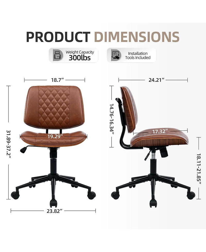 22.4"D x 22.4"W x 33.1"H Pu Leather Armless Office Chair with Diamond Stitch Cushion, Lounge Desk Chair for Home Office Vanity Bedroom