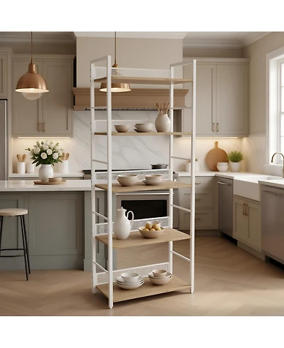 24x12x61 in 5-Tier Steel Storage Shelf, Engineered Wood Shelves, Diamond Mesh Back, for Living Room Kitchen Office, White/Black