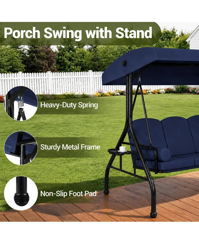 76" x 47" x 68" 3-Seat Porch Swing with Cup Holders, Outdoor Patio Swing with Reclining Backrest, Weather Resistant for Garden, Deck,Khaki/Red/Blue