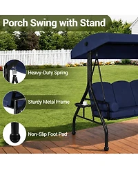76" x 47" x 68" 3-Seat Porch Swing with Cup Holders, Outdoor Patio Swing with Reclining Backrest, Weather Resistant for Garden, Deck,Khaki/Red/Blue