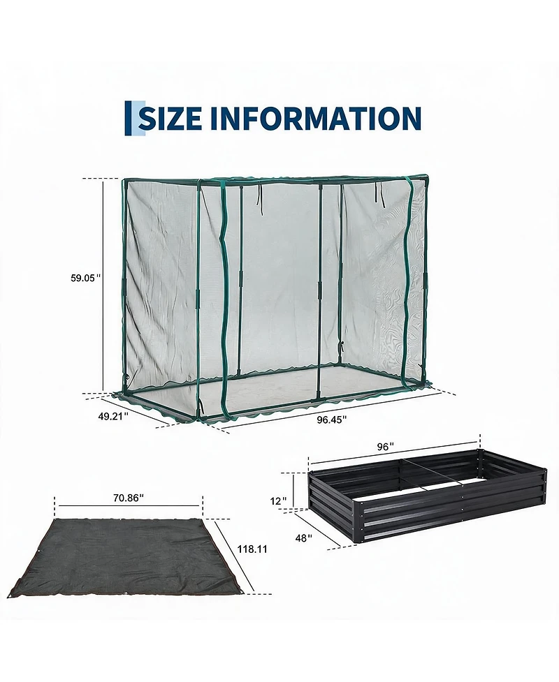 96 x 48 12 Raised Garden Bed with Insect Net and Shade Cover, Steel Planter Box for Vegetables Herbs Patio Balcony, Ivory/Silver/Black