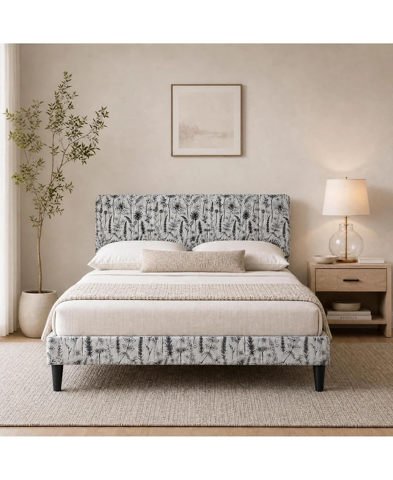 Queen/Full Upholstered Bed Frame with Floral Pattern Headboard, Flannel Fabric Engineered Wood Platform Bed for Bedroom