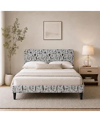 Queen/Full Upholstered Bed Frame with Floral Pattern Headboard, Flannel Fabric Engineered Wood Platform Bed for Bedroom