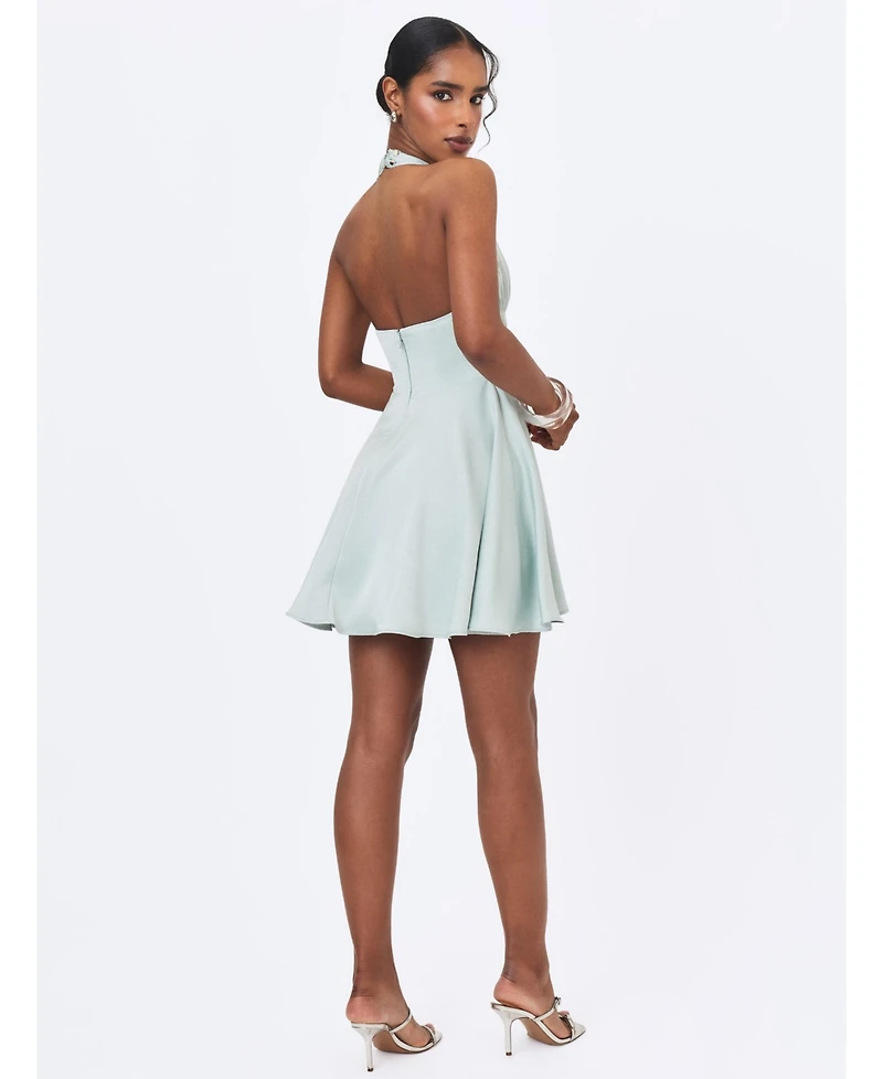 Miss Circle Women's Rianna Light Sage Crinkle Satin Halter Mini Dress