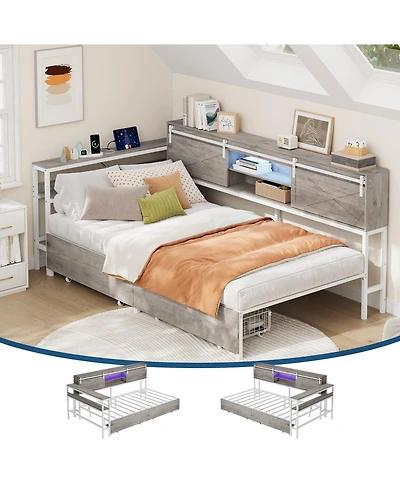 Twin Corner Platform Bed Frame with Storage, Charging Ports & Rgb Lighting, Metal Bed Base with Drawers, Adjustable Desk & Headboard for Guest Space