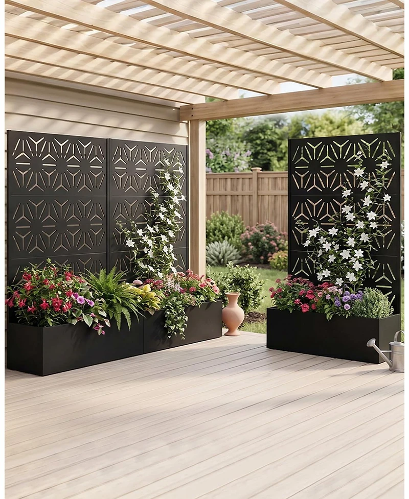44 x 71 16 Steel Privacy Screen Planter Box, Decorative Metal Plant Holder for Backyard Patio Garden, Black