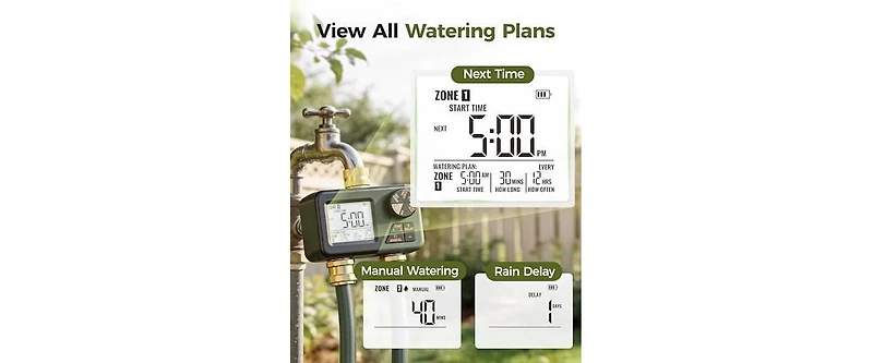 Tessan Brass 2-Zone Programmable Sprinkler Timer with Large Display, Rain Delay and Manual Watering