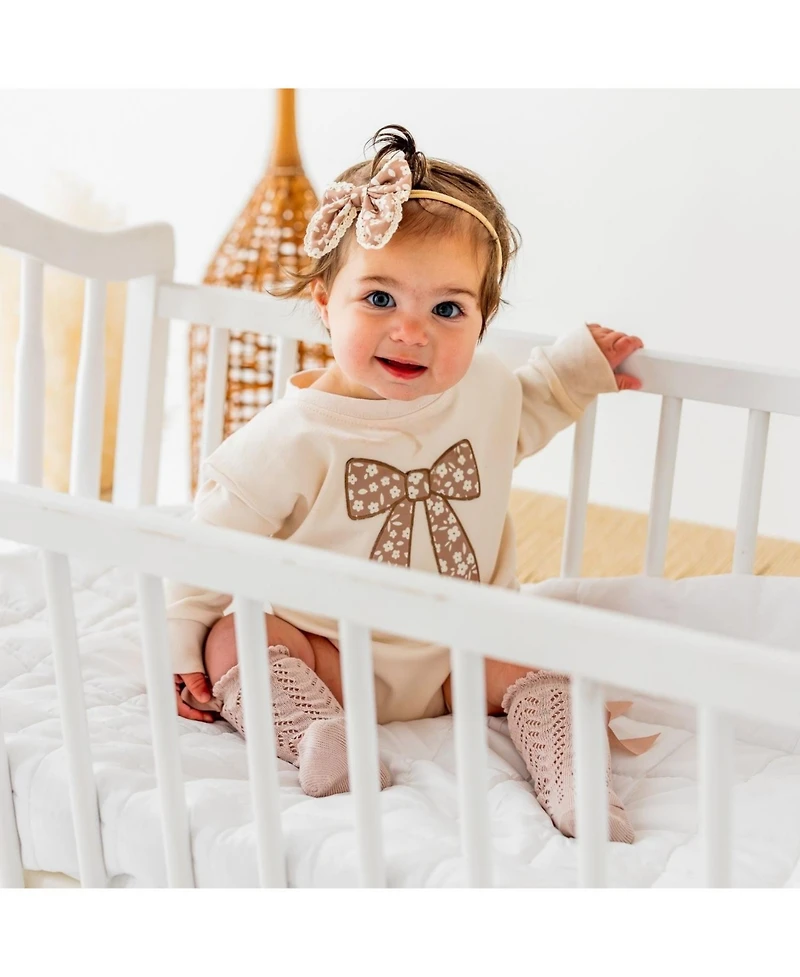 Sweet Wink Baby Girls Floral Bow Patch Long Sleeve Romper