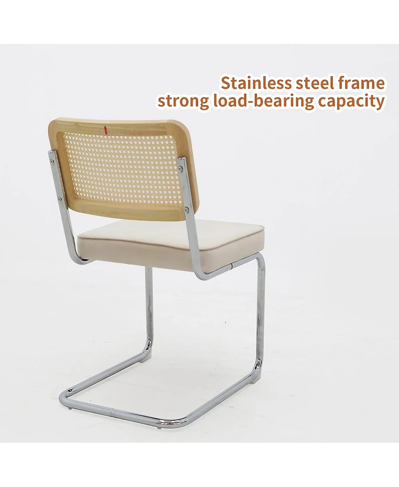 Flynama Set of 2 Champagne Velvet Rattan Cantilever Dining Chairs, Chrome Tubular Steel Breuer Stackable Side Chairs