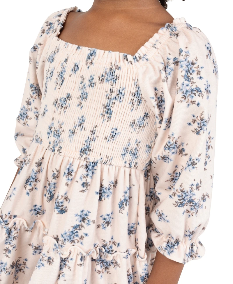 Rare Editions Girls' 4T-6X Floral Print Hand-Smocked Corduroy Dress