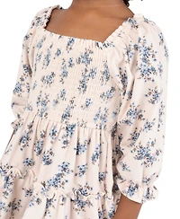 Rare Editions Girls' 4T-6X Floral Print Hand-Smocked Corduroy Dress