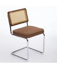 Flynama Set of 2 Cane Back Linen Upholstered Chrome Steel Pipe Base Cantilever Dining Chairs