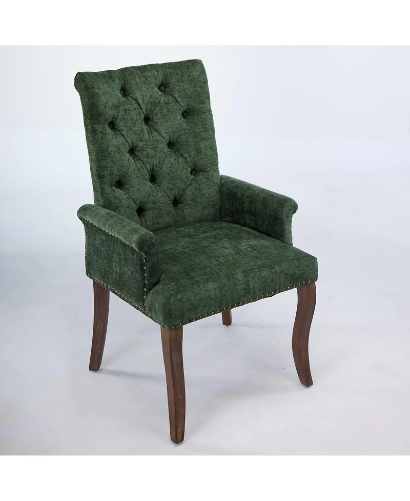 Flynama Single Chenille Tufted Arm Dining Chair, Curved Hand Sanded Solid Wood Legs 300lbs Capacity
