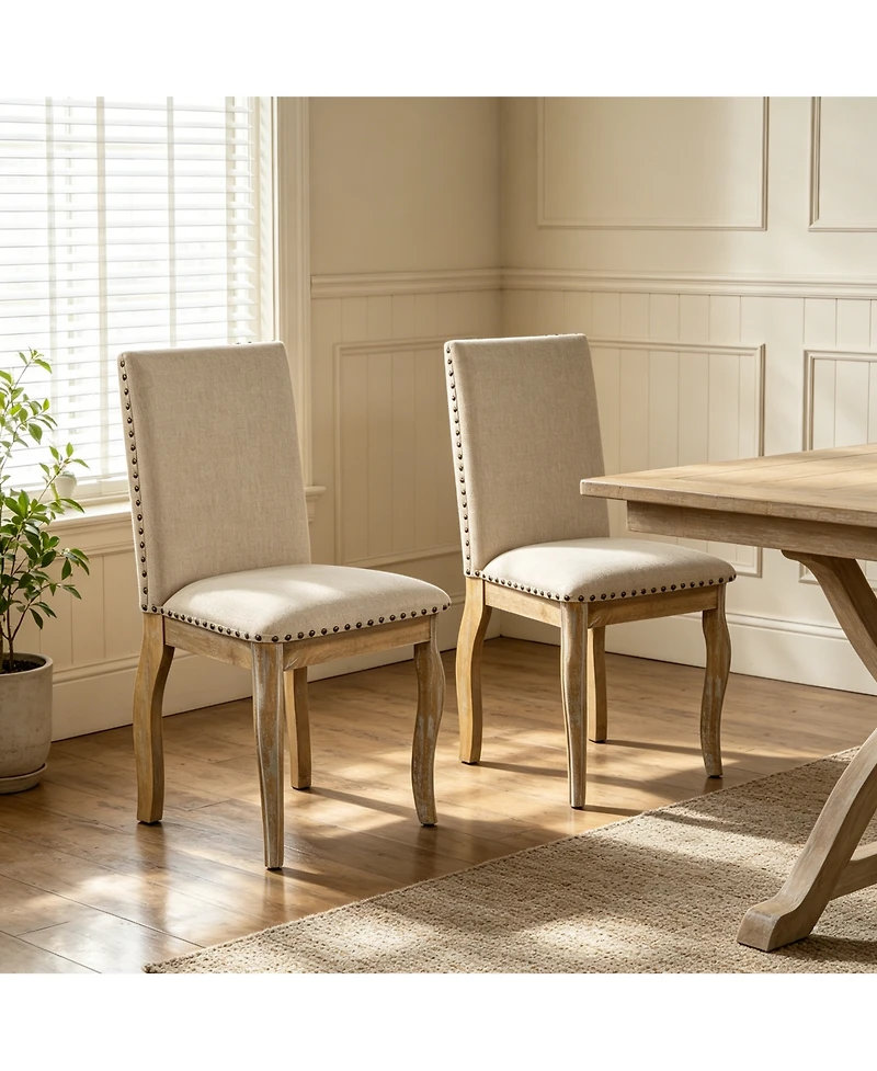 Flynama Set of 2 Upholstered Dining Chairs with Rubber Wood Frame, Fabric Seat, Nailhead Detail