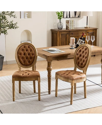 Flynama Set of 2 French Pu Leather Tufted Nailhead Dining Chairs, Solid Wood Frame 300 Lbs Load
