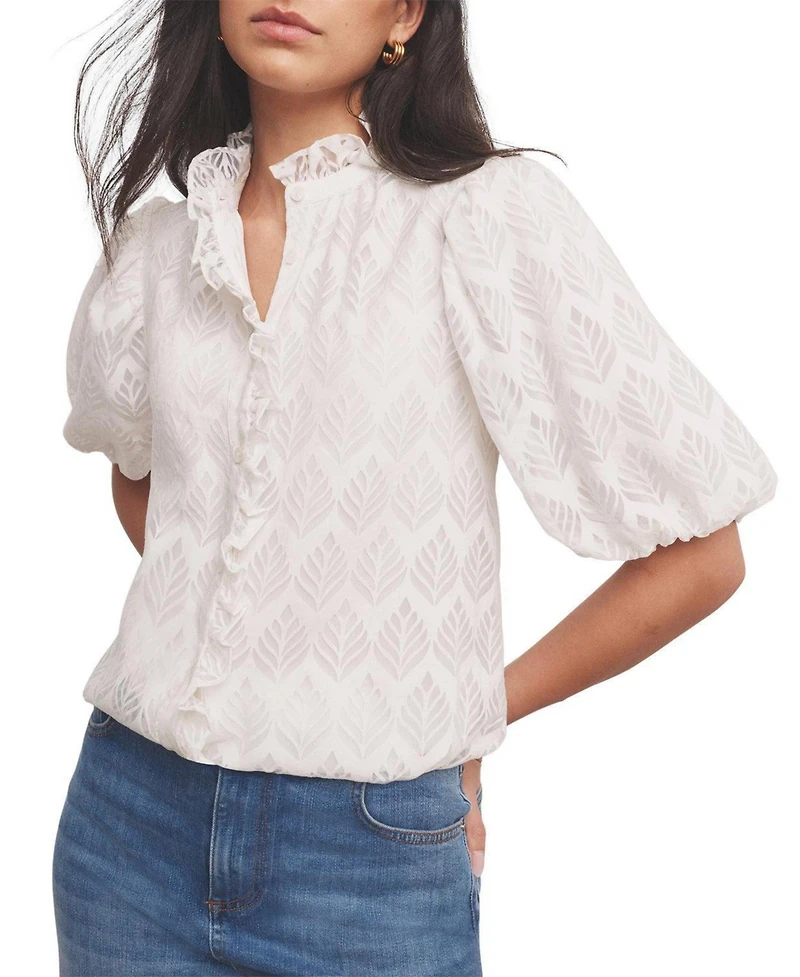 Mint Velvet Women's Short Puff Sleeve Jacquard Ruffle-Trim Blouse