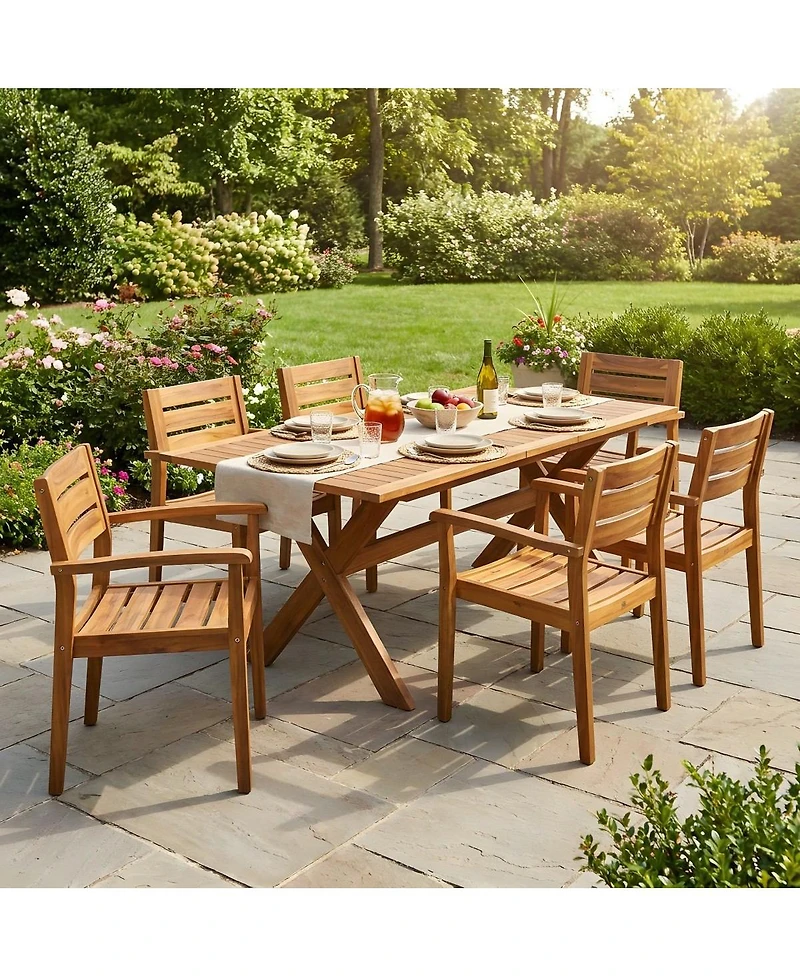 Asagikoiai 7-Piece Extendable Outdoor Dining Set, Acacia Wood Patio Table and 6 Chairs
