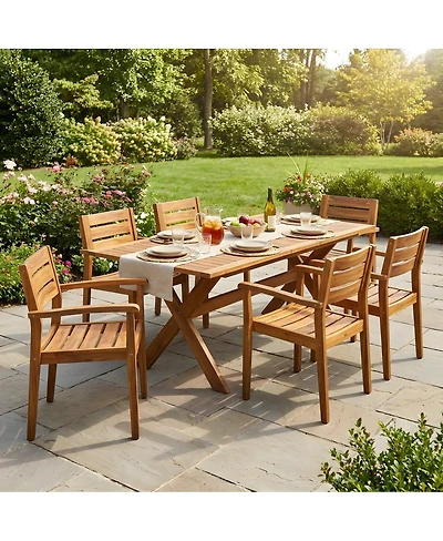 Asagikoiai 7-Piece Extendable Outdoor Dining Set, Acacia Wood Patio Table and 6 Chairs