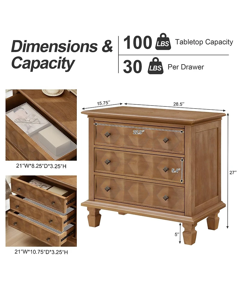 Streamdale Furniture Farmhouse Nightstand with Charging Station and 3 Drawers