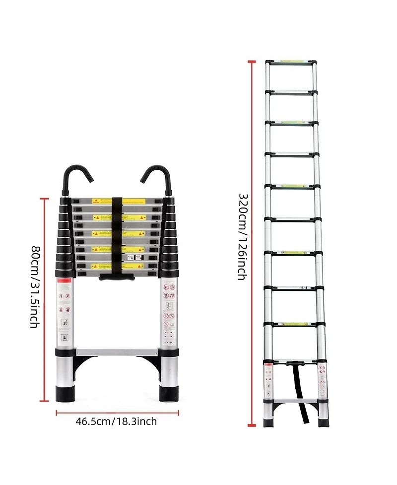 Streamdale Furniture 10.5feet Retractable Aluminum Folding Ladder with Hook, 330lb Capacity