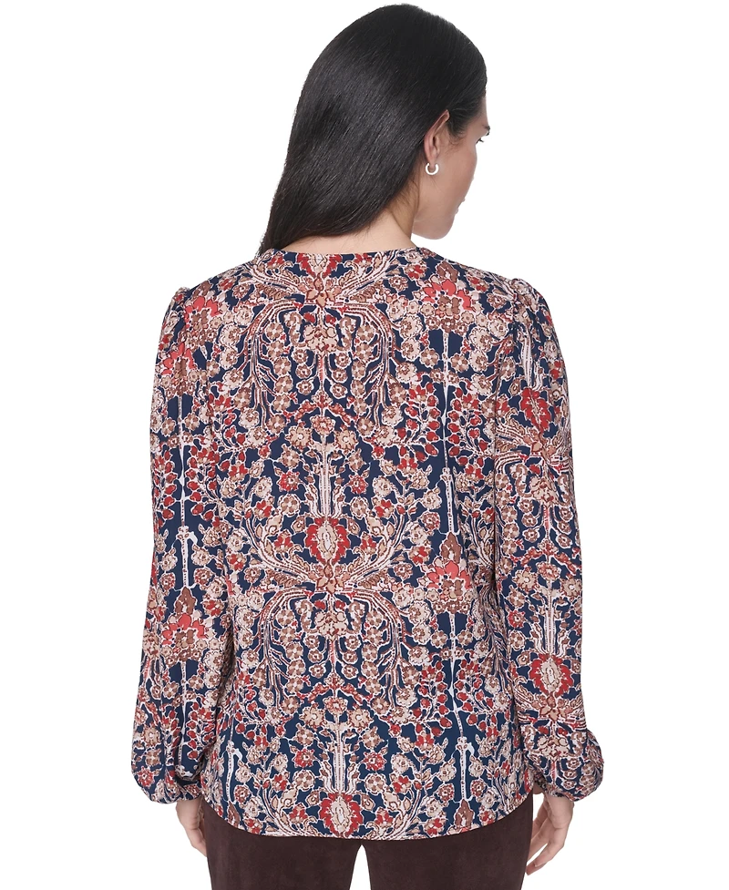 Tommy Hilfiger Women's Long-Sleeve Floral-Print Ruffle-Trim V-Neck Blouse