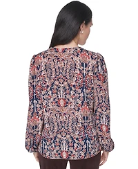 Tommy Hilfiger Women's Long-Sleeve Floral-Print Ruffle-Trim V-Neck Blouse